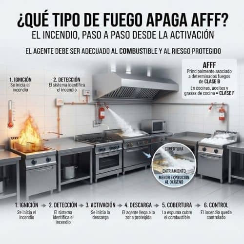 ¿Qué tipo de fuego apaga el AFFF? Así actúa en la extinción automática de cocinas